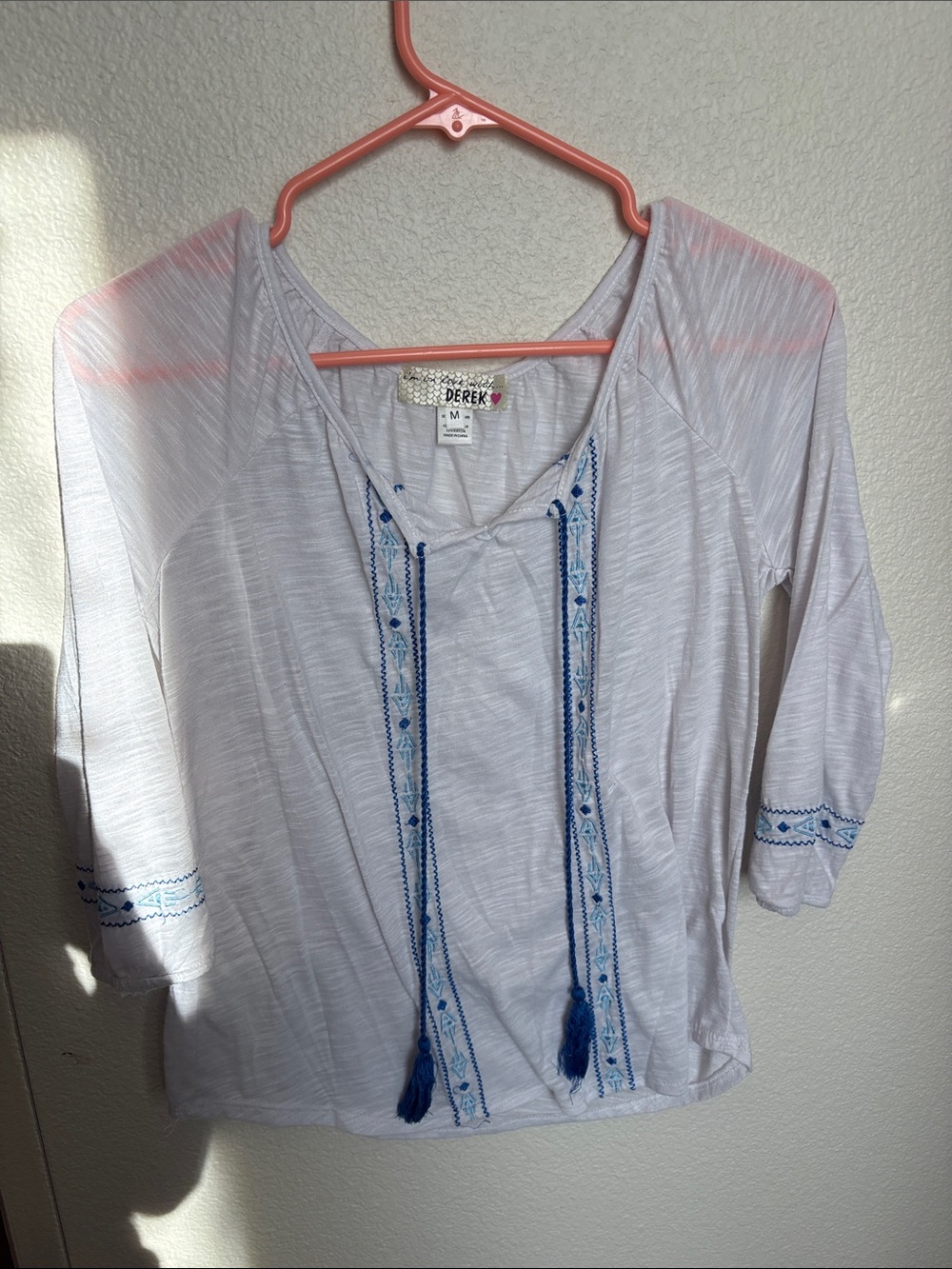 Derek Heart White Peasant Tunic with Blue Embroidered Trim
